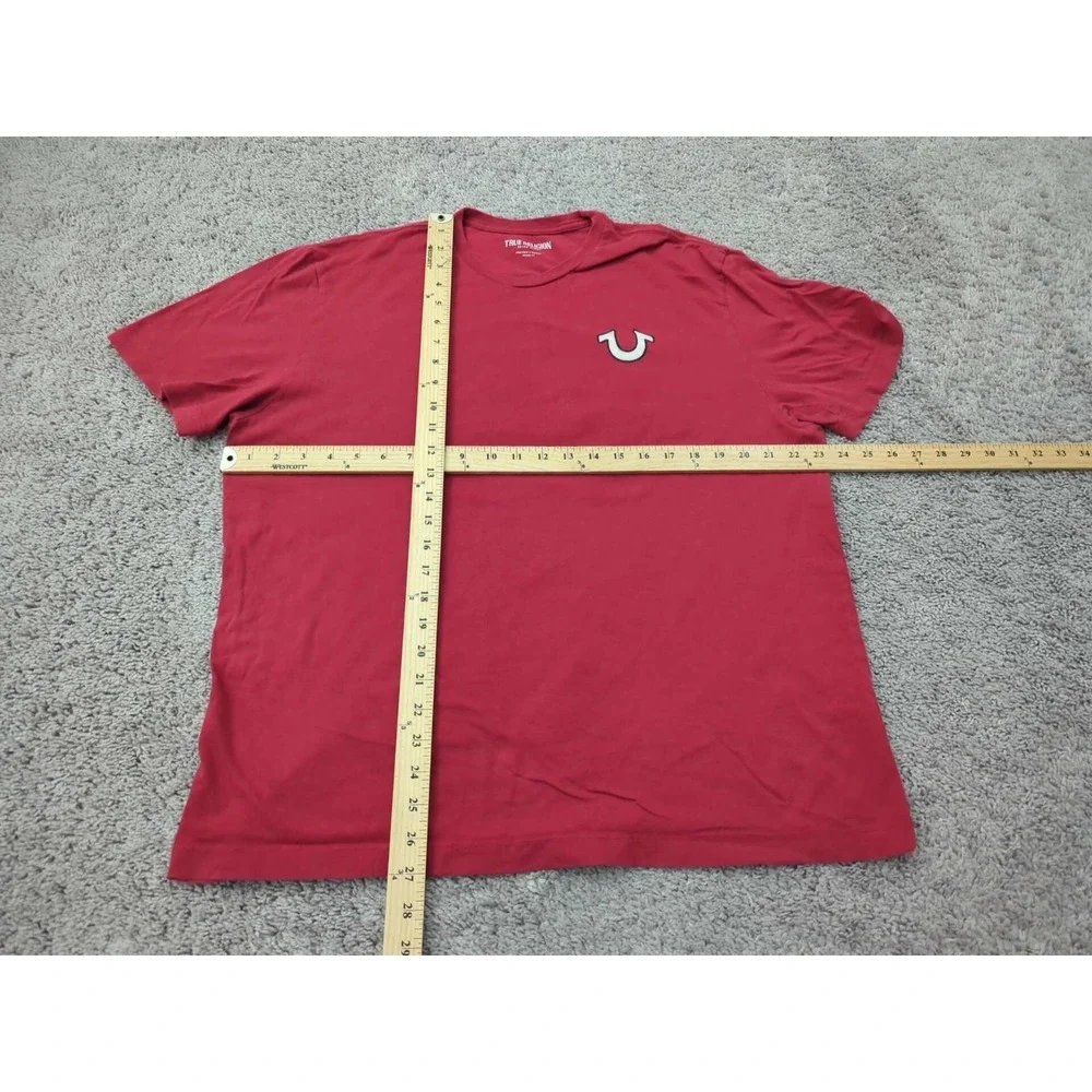 True Religion T Shirt Mens L Red Short‎ Sleeve Buddha Guitar Back Print Relaxed